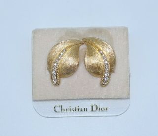 Christian Dior Signed Clip On Earrings Rhinestone Crystal Gold Vintage Leaf Card