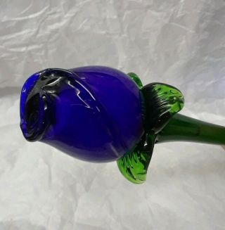 Vintage Long Stem Flower Hand Blown Art Glass Cobalt Blue Rose 12 " Rosebud Bud