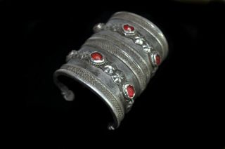 Silver Turkoman Cuff Bracelet Vintage 6 Cornelian Stones 3 1/2 Inches Tall