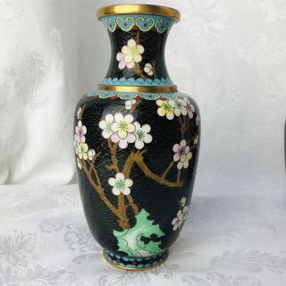 Vintage Jingfa Cloisonne Vase Cherry Blossoms Bird Black Base 10” Blue Green Trm