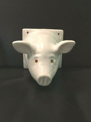 Vintage Pig Head White Ceramic 3d Towel Apron Holder Wall Hook 5 1/2” Farm