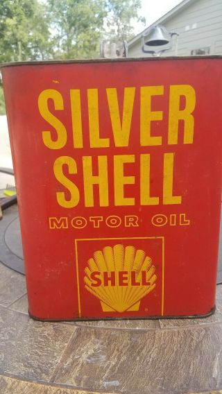 Large Vintage Two Gallon Silver Shell Motor Oil Tin Can Sign Gas Service Station
