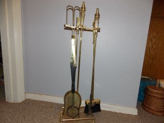 Vintage Fire Place Tools Hearth Set 5 Piece Solid Brass Poker Shovel Brush Stand
