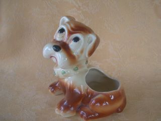 Vintage Porcelain Dog Planter Brown And Light Yellow With Black Nose And Eyes