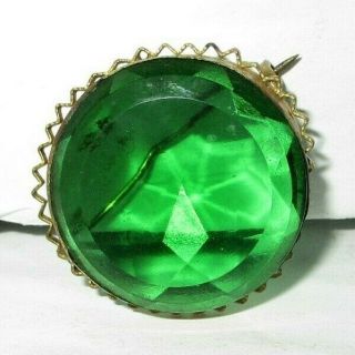 Signed Czechoslovakia Vintage Art Deco Green Glass Brooch Pin Brass Emerald