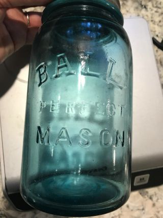 Vintage Ball Perfect Mason Block Letters 1 Aqua Quart Fruit Jar W Lid 1895 - 1896