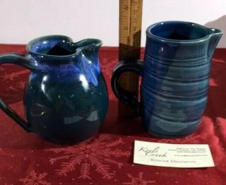 Vtg Pair 2 Hand Crafted Blue Pitchers Signed Cunningham Keels Creek Ar
