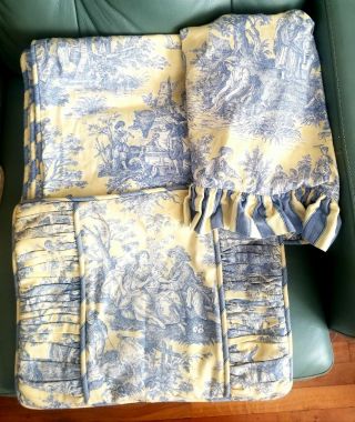 Vtg Waverly Toile Yellow Blue Country Life Duvet Pillow Shams Fabric Upholstery