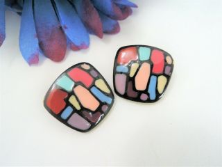 Vintage Enameled Modernist " Eisenberg " Colorful Clip On Earrings Estate Find