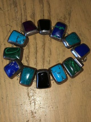 Vintage Taxco Mexico Sterling Silver Multi Colored Stone Link Bracelet