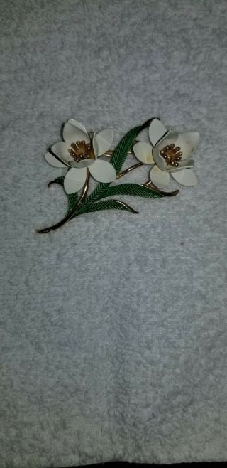 Vintage Signed Crown Trifari Enamel Flower Brooch Pin