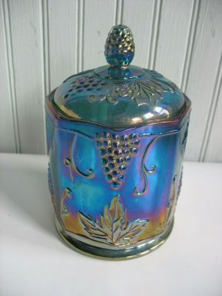 Vintage Indiana Carnival Glass Harvest Grape Covered Jar Candy Dish Iridescent