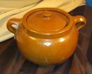 Vintage Pottery Stoneware Large Brown Glazed Bean Pot Cookie Jar W/ Lid,  Handles