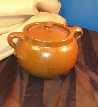 Vintage Pottery Stoneware Large Brown Glazed Bean Pot Cookie Jar w/ Lid,  Handles 2