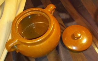 Vintage Pottery Stoneware Large Brown Glazed Bean Pot Cookie Jar w/ Lid,  Handles 3