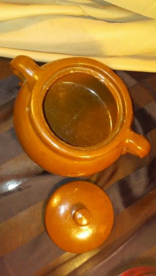 Vintage Pottery Stoneware Large Brown Glazed Bean Pot Cookie Jar w/ Lid,  Handles 4