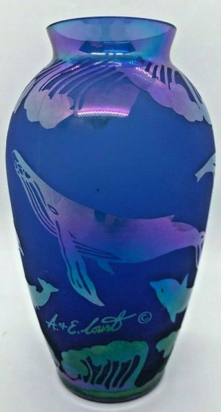 Vintage Signed Arthur Court Art Glass Vase - Marine Life - Whales Dolphins