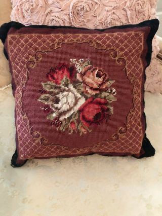 Lovely Vintage Roses Wool 14x14 Needlepoint Pillow Velvet Cottage Chic