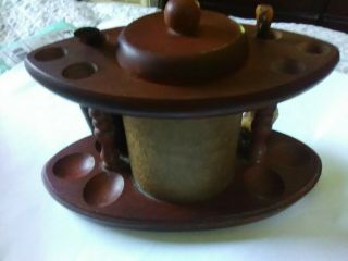 vintage Wood 6 Tobacco Pipe holder with glass tobacco humidor 2 tobacco pipes 2