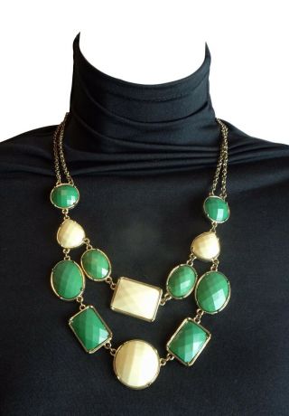 Chunky Green Necklace Vintage Double Strand Matinee Length Statement Jewelry