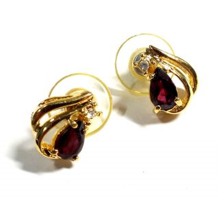 Vintage Yellow Tone Pear Cut Red 3.  15ct Garnet & Crystal Earrings,  3.  52g - B42