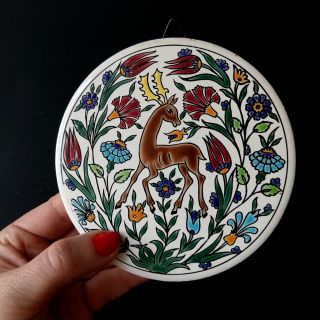 Neofitou Keramik Deer Painted Tile Coaster Faliraki Rodos Greece Vtg Wall Art