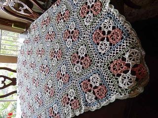 Vintage Hand Made Multi Color Crocheted Afghan Throw Blanket Cotton & Linen