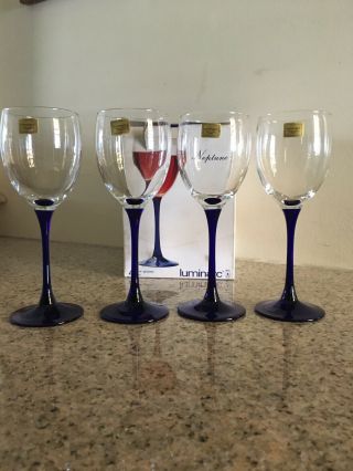 Vintage Luminarc Neptune 8oz Wine Glasses With Cobalt Blue Stems Made In France