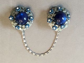 Vintage Costume Jewelry Sweater Guard Clips Silver Tone With Blue Cabochons
