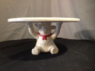 Vintage Ceramic Pig Holding Cake Stand 11 " D X 5½ " H White Lace On Cream Platter