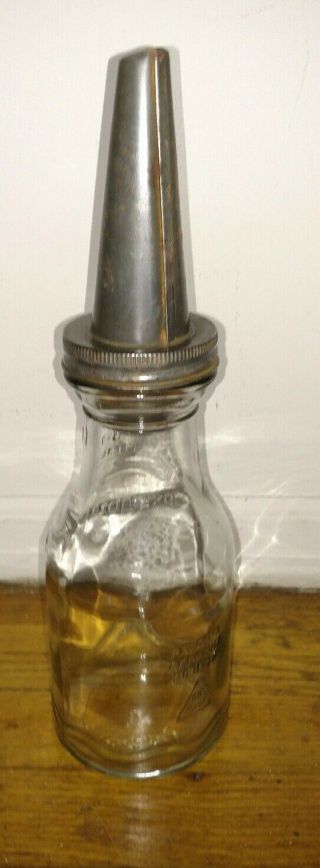 Vintage Oil 1 Quart Glass Bottle H.  M Co With Tin Metal Spout