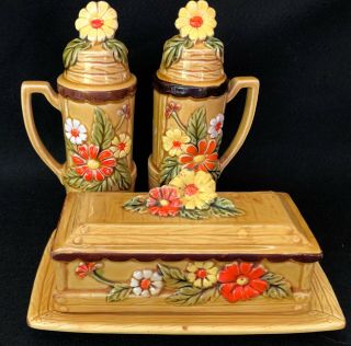 Vintage Butter Dish Matching Salt And Pepper Shakers Japan Yellow Orange Daisy