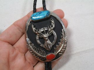 Vintage Pat Pend Bpoe Bolo Tie - Turquoise,  Red Coral - 32 " Braided Leather - If