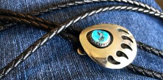 Vintage Navajo Sterling Silver & Turquoise Bolo Tie W/bear Claw,  Native American
