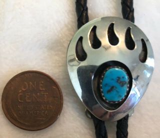 Vintage Navajo Sterling Silver & Turquoise Bolo Tie w/Bear Claw,  Native American 2