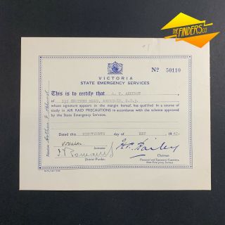Vintage 1942 Ww2 Victoria Ses Air Raid Precautions Training Certificate Military