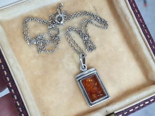 Vintage Art Deco Jewellery Ornate Real Amber 925 Italy Silver Pendant & Chain