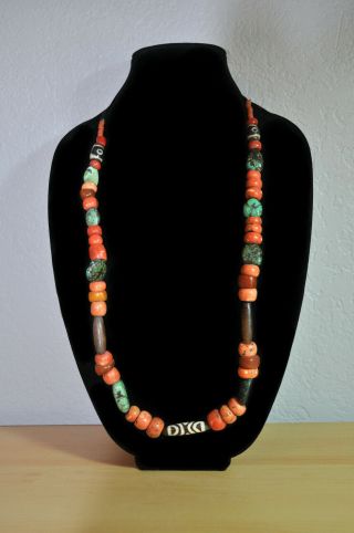 Vintage Naga Necklace From India From Before 1980 Has Red Coral,  Turquoise Beads