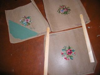 3 Vintage Wool Floral Tapestry Needlepoint Seat Pillow Cover Partial Stitched
