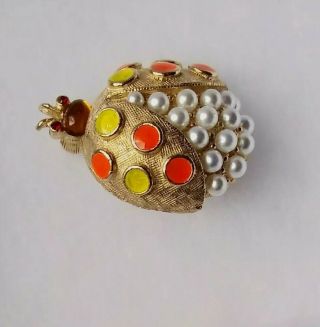 Vintage Florenza Signed Ladybug Pin Pearls Enamel Gold Tone Beetle Insect Bug