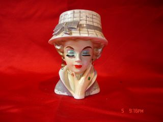 Vintage Lady Head Vase Ruben 476 Grey Bucket Style Hat 5 3/4 "