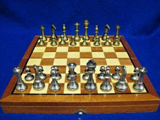 Vintage Brass & Pewter Solid Metal Chess Set With Board Made In Italy 9 " Board