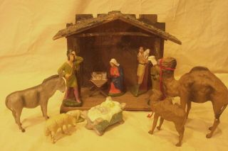 Vintage Christmas Nativity Scene Wood Stable Older Figurines From Estate