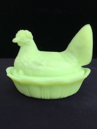 Vintage Fenton Lime Green Satin Glass Chicken Hen On Nest Covered Dish Signed
