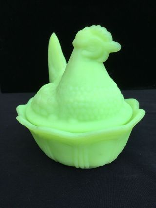 vintage Fenton lime green satin glass Chicken HEN ON NEST covered dish signed 3