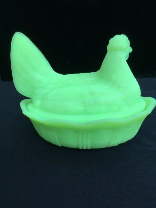 vintage Fenton lime green satin glass Chicken HEN ON NEST covered dish signed 4