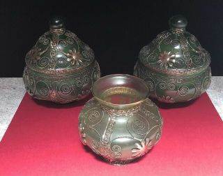2 Vintage Green Glass Candy Bowls With Metal Overlay & 1 Other (sh35)