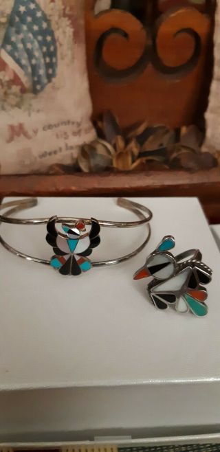 Vintage Pawn Zuni Indian Bird Of Paradise Sterling Silver Bracelet And Ring