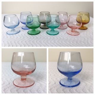 Set 8 Vintage Miniature Glass Stemmed Brandy Snifters Cordials Varied Colors