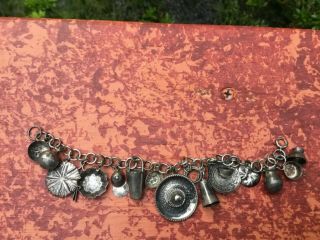 Vintage 50s Sterling Silver Mexican Charm Bracelet 17 Charms Signed 7”